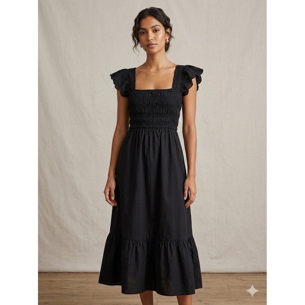 Jason Wu Midi Dress‎ M Black Cinched Eyelet Open Back Minimalist Romantic